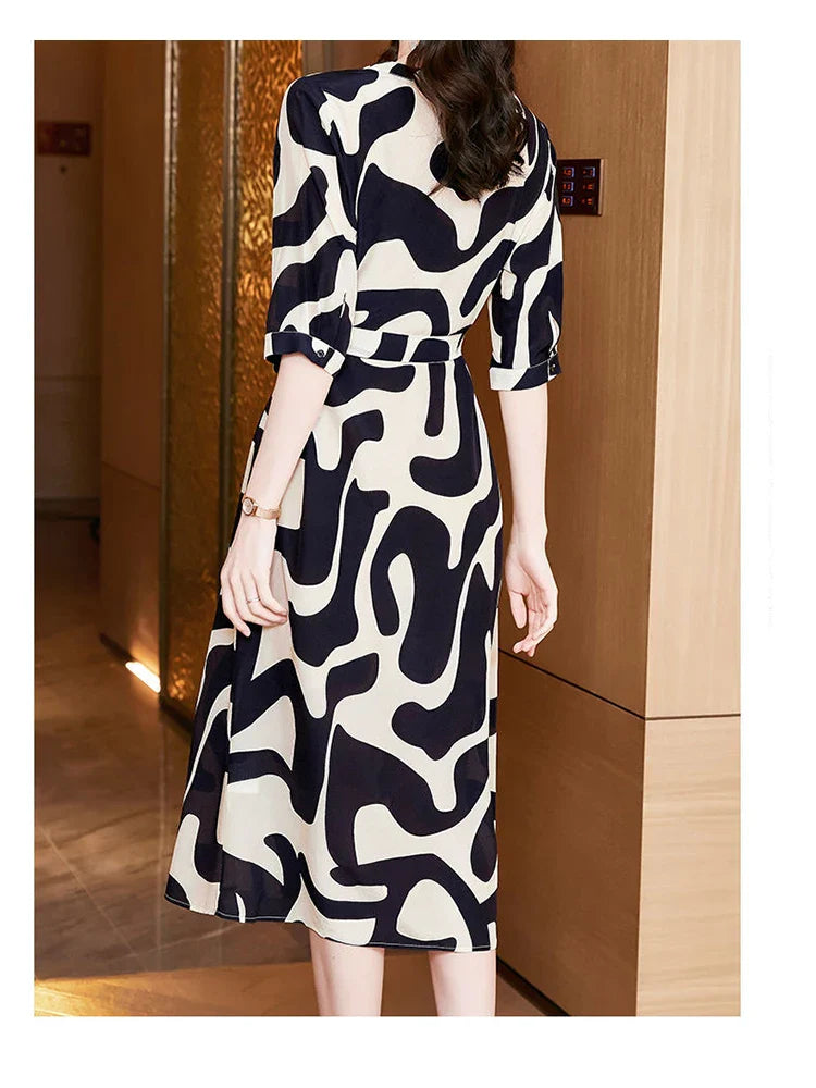Women's Knee-Length Dress - V-Neck - Three-Quarter Sleeve - Self-Tie Waist Belt