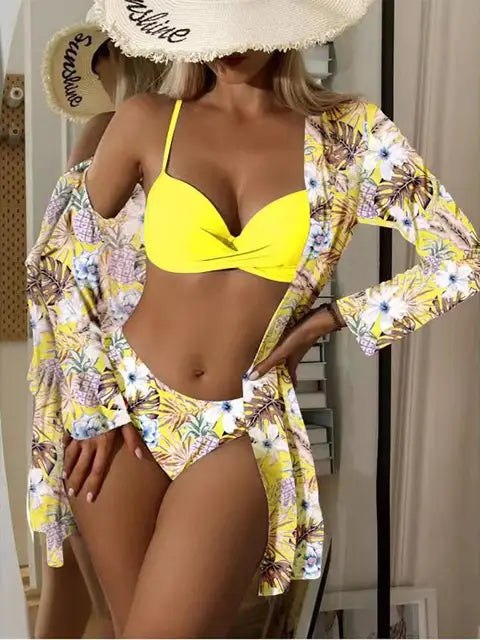 Women's 3-Piece Swimsuit - Twist Front Bikini & Mid-Rise Bottoms with Sheer Cover-Up