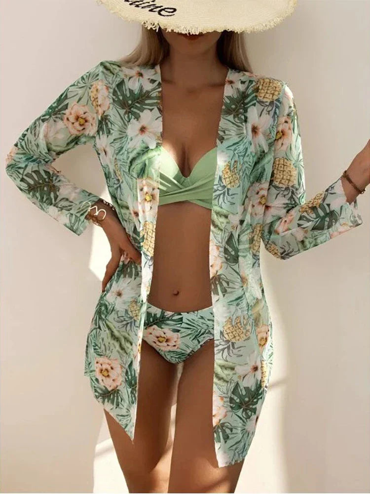 Women's 3-Piece Swimsuit - Twist Front Bikini & Mid-Rise Bottoms with Sheer Cover-Up