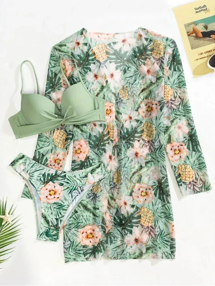 Women's 3-Piece Swimsuit - Twist Front Bikini & Mid-Rise Bottoms with Sheer Cover-Up