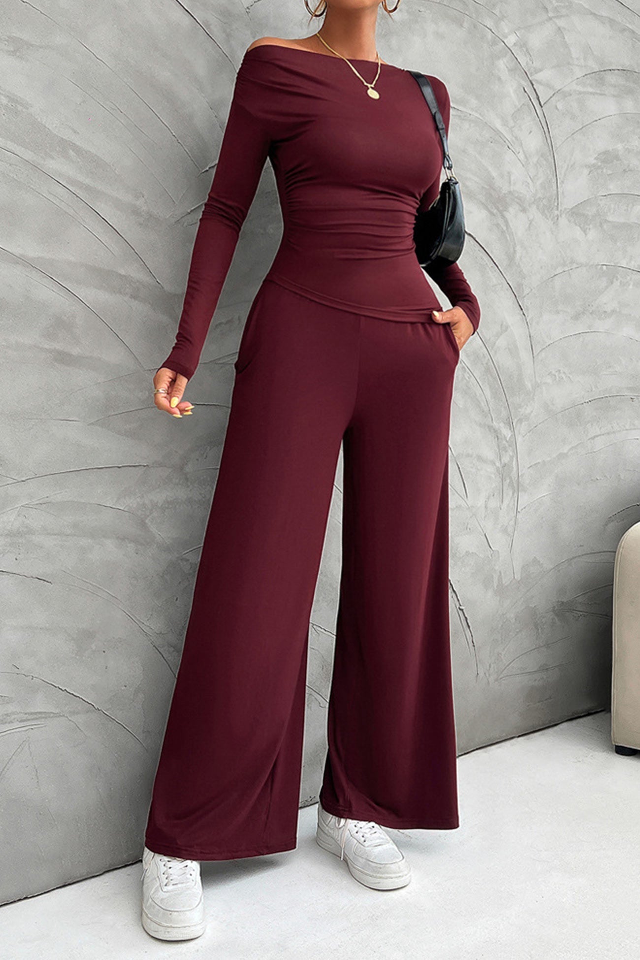 Women's drop shoulder long sleeve top and wide leg pants set