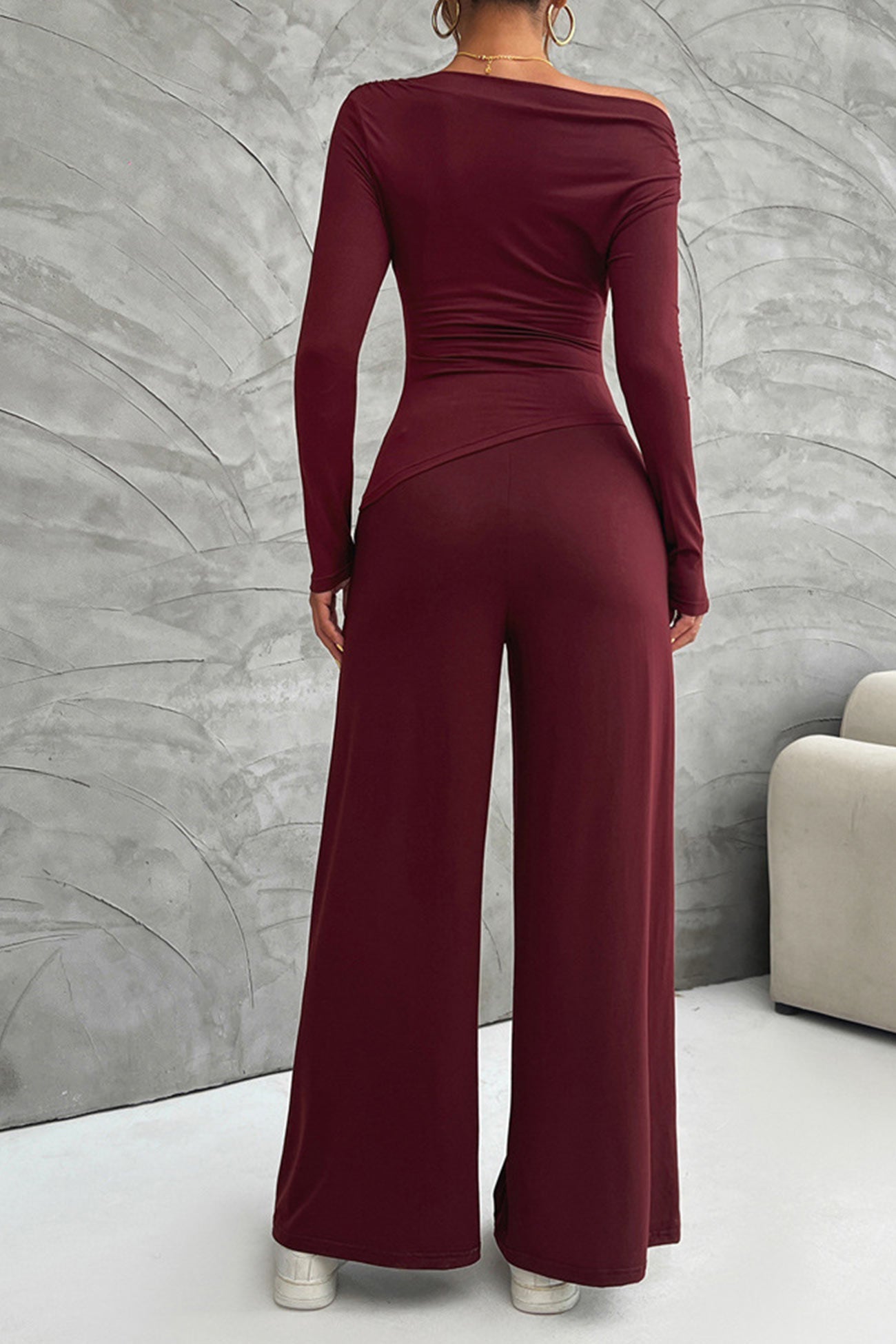 Women's drop shoulder long sleeve top and wide leg pants set