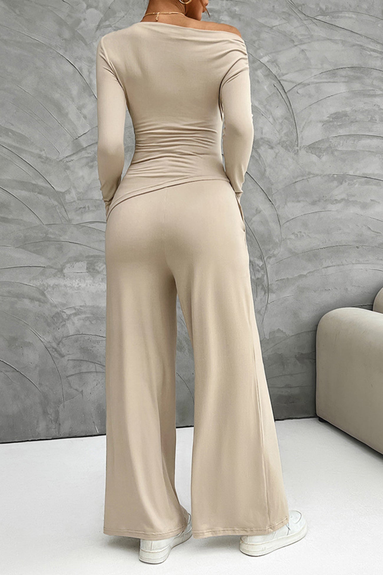 Women's drop shoulder long sleeve top and wide leg pants set