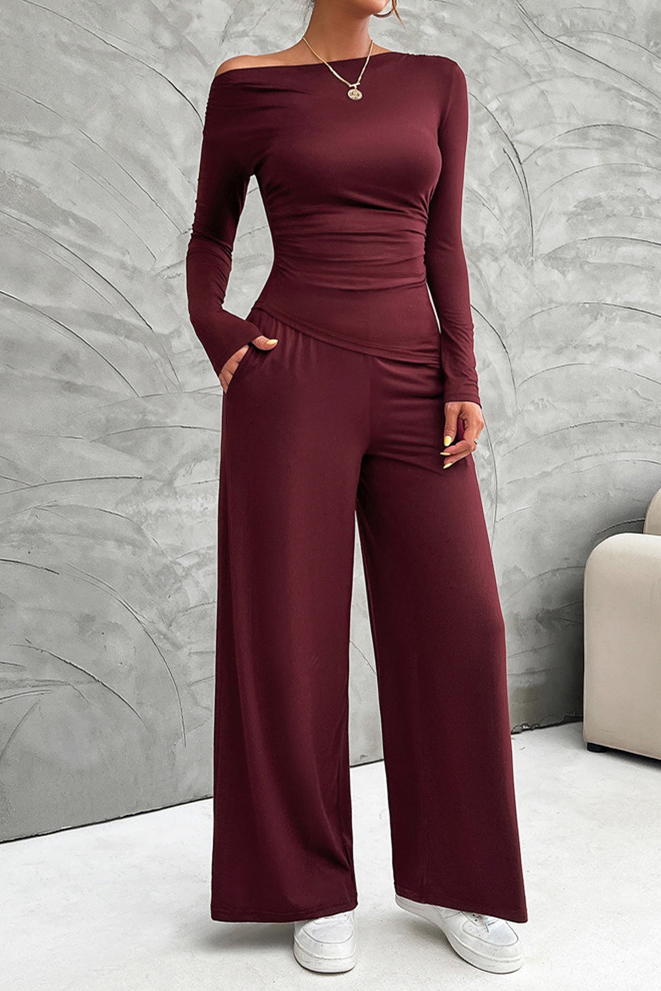 Women's drop shoulder long sleeve top and wide leg pants set