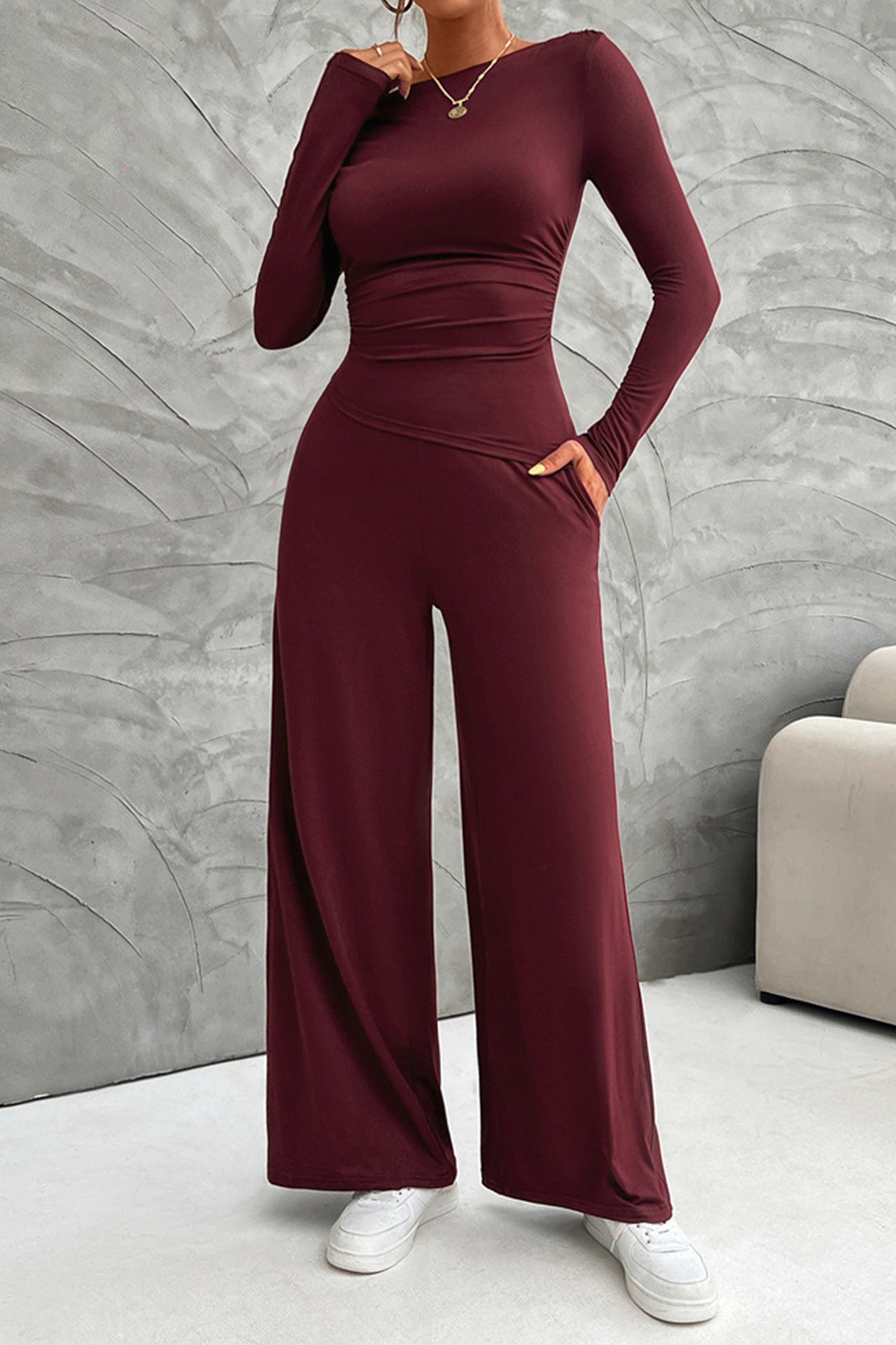Women's drop shoulder long sleeve top and wide leg pants set