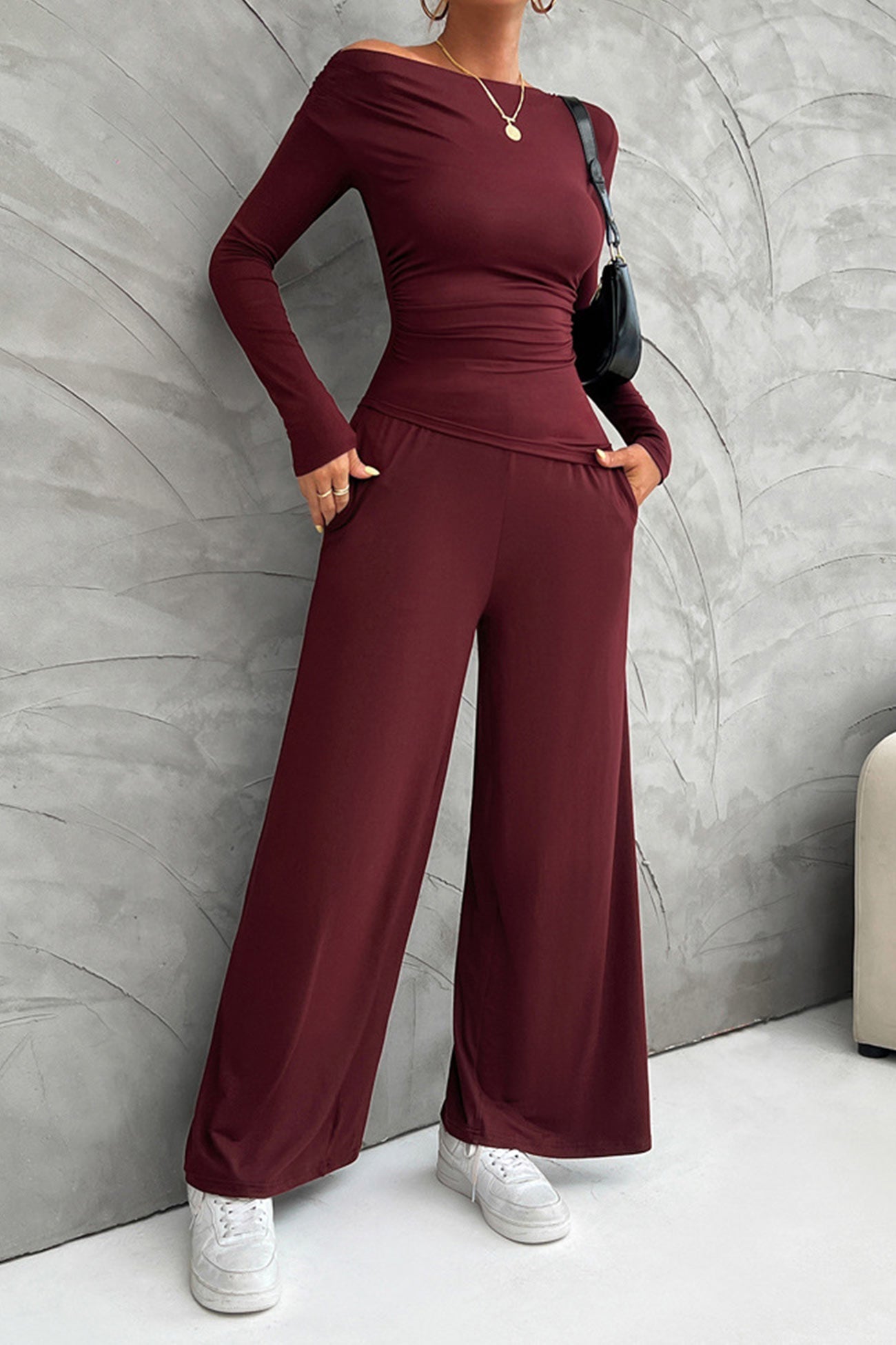 Women's drop shoulder long sleeve top and wide leg pants set
