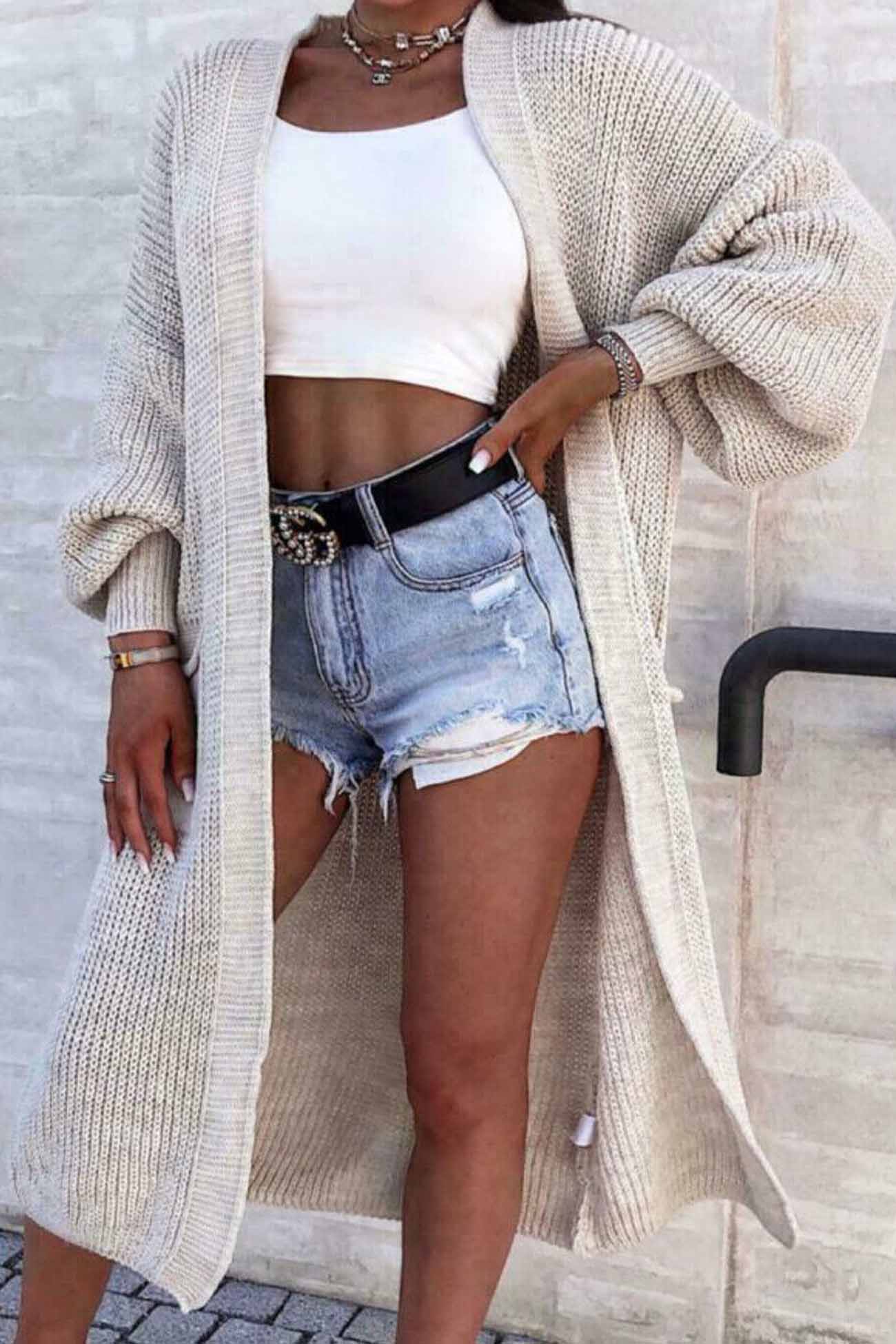 Women's drop shoulder lantern sleeve pocket long cardigan