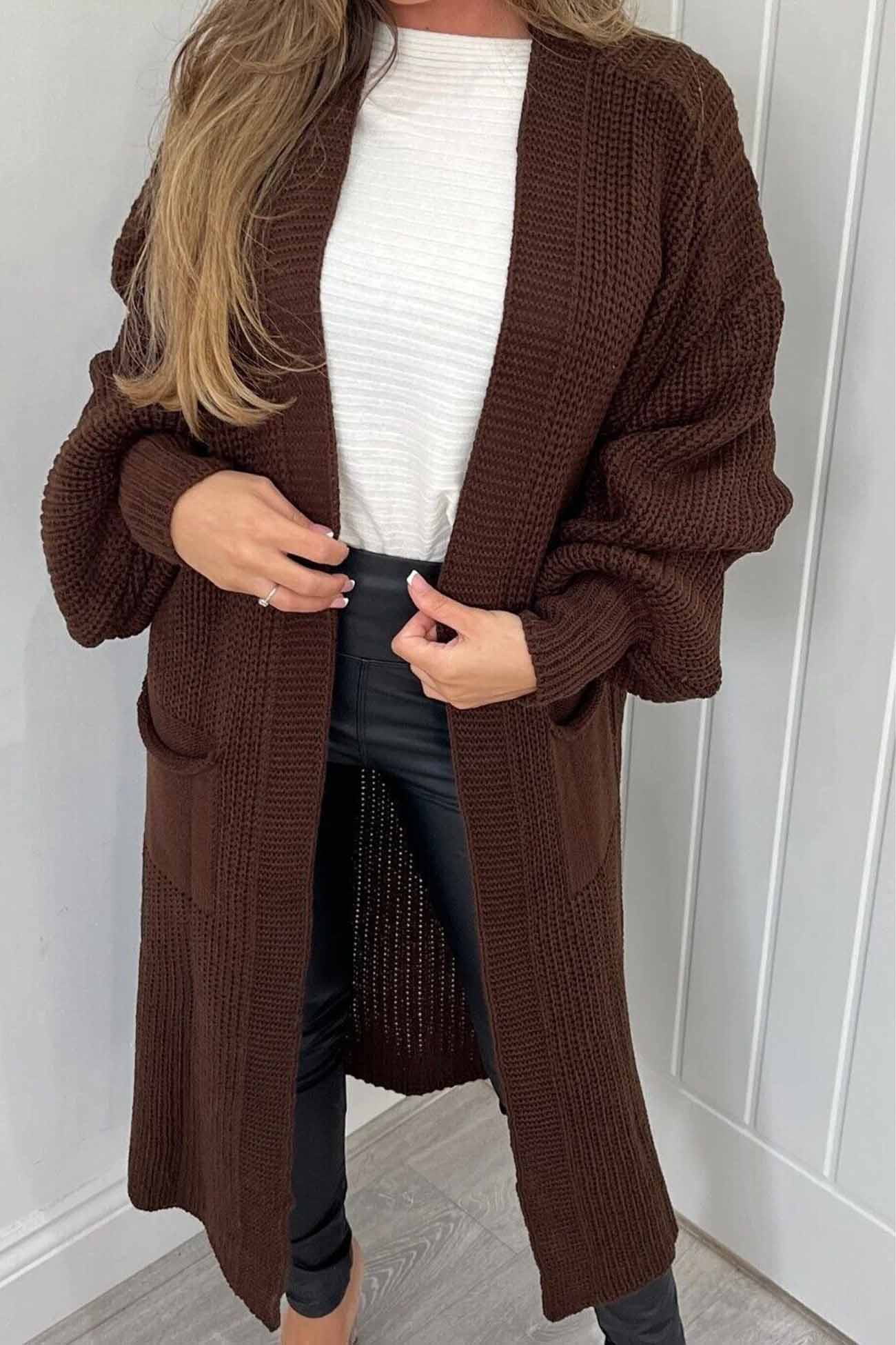 Women's drop shoulder lantern sleeve pocket long cardigan