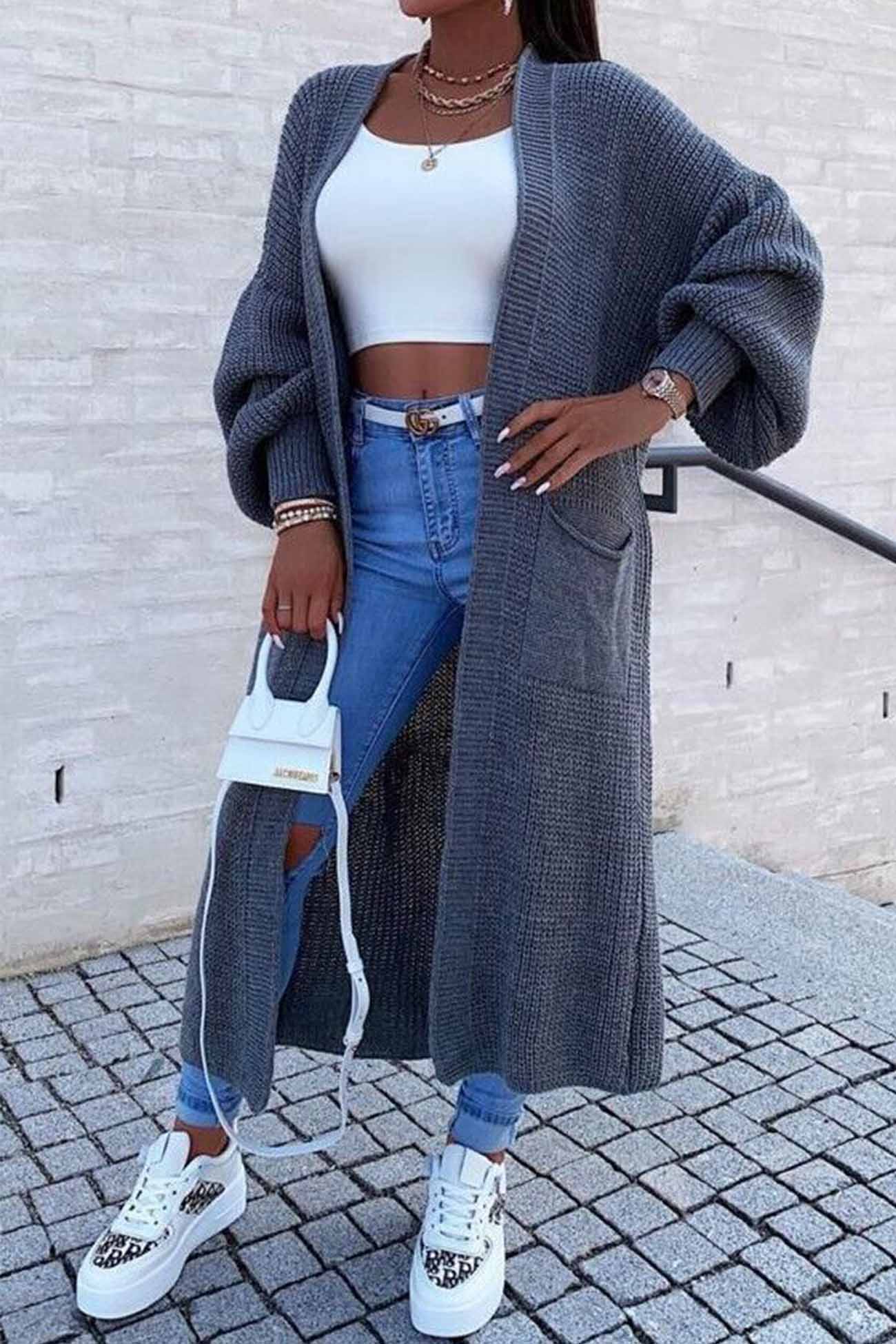 Women's drop shoulder lantern sleeve pocket long cardigan