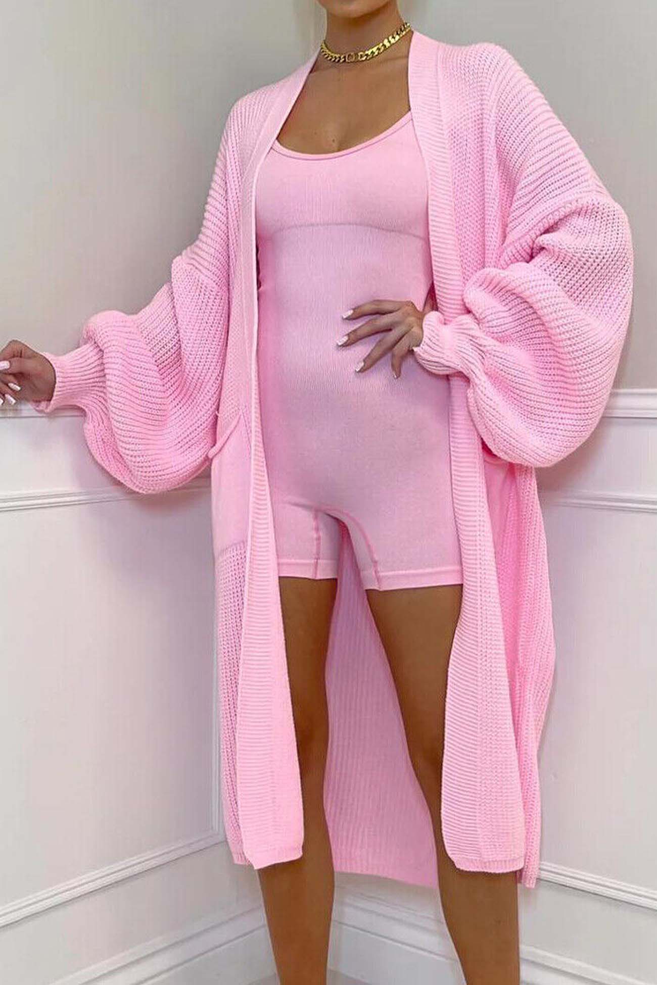 Women's drop shoulder lantern sleeve pocket long cardigan