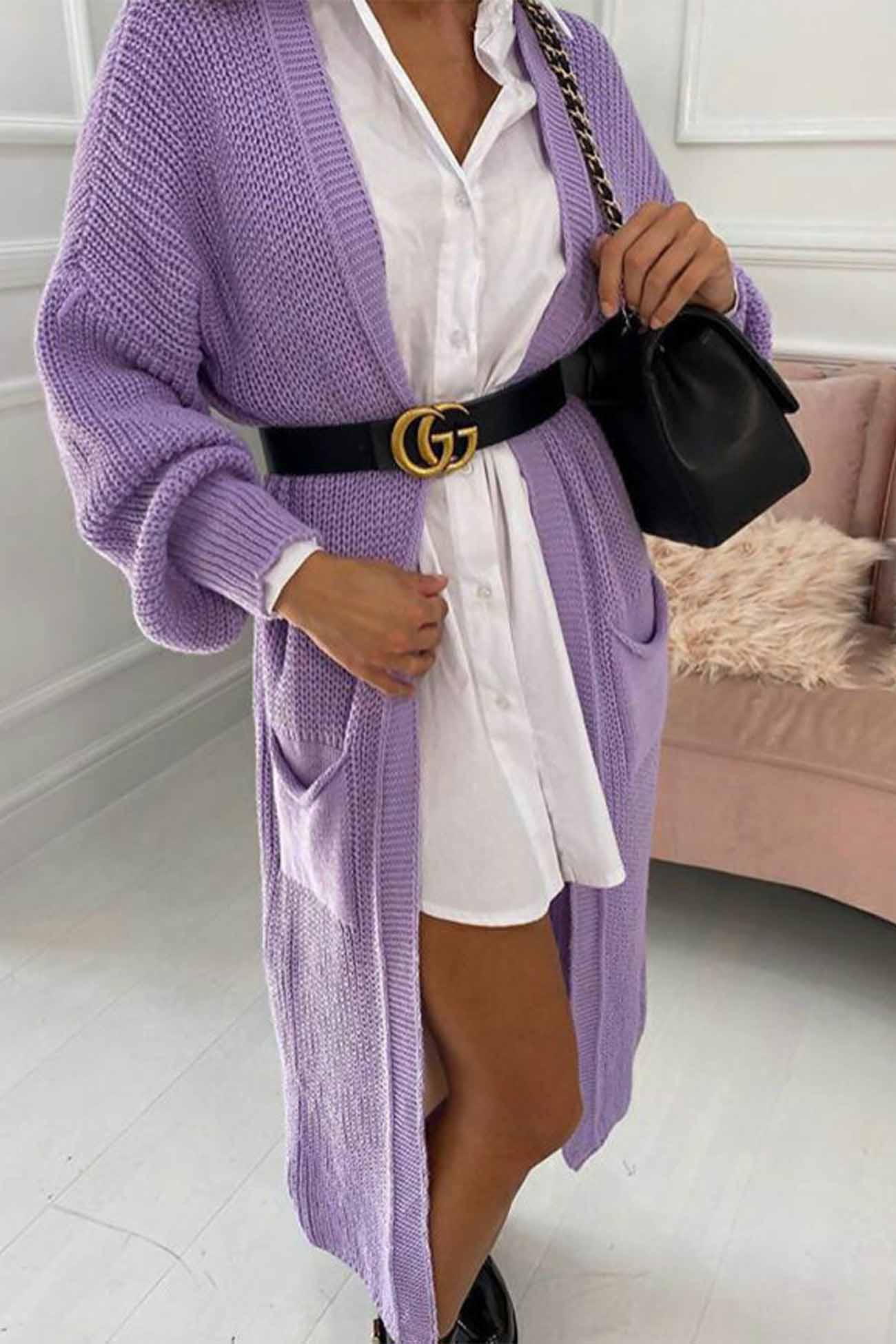 Women's drop shoulder lantern sleeve pocket long cardigan