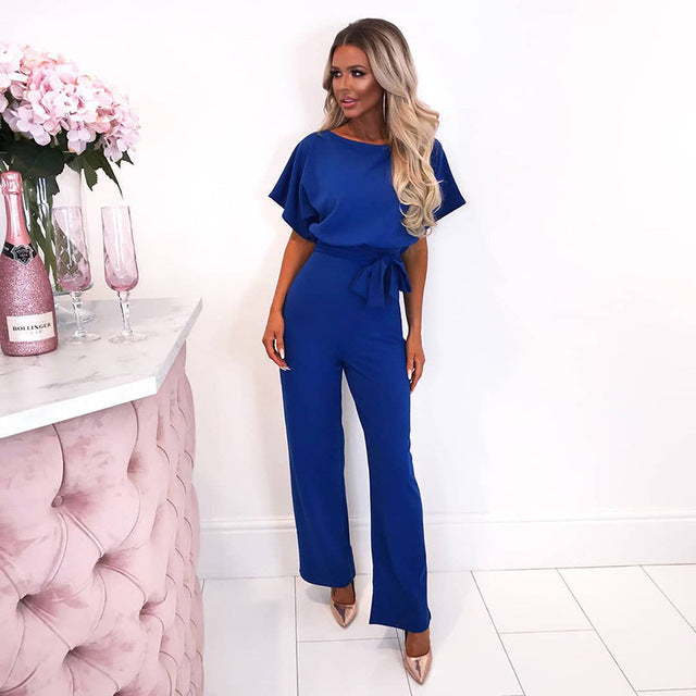 Women's Jumpsuit - Wide Leg Flowy Fit - Short Sleeve Boat Neck - Tie Waist Elegant Style