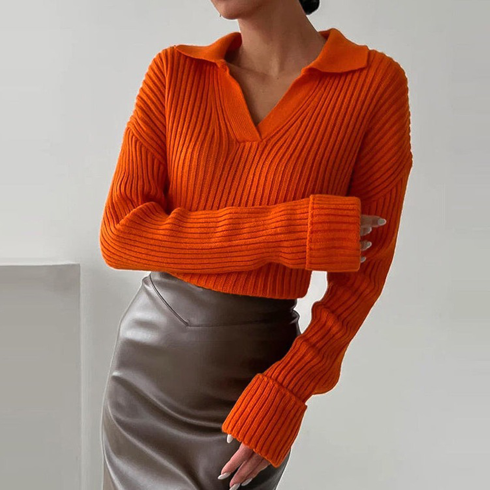 Women's elegant ribbed v-neck collared sweater