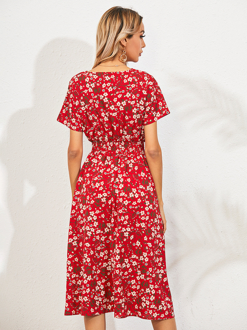 Floral Print Flowy Elastic Waist Midi Dress