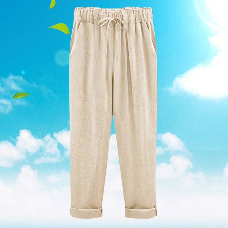 Women's Linen Pants - Loose Fit - Elastic Waist with Drawstring - Cropped Casual Wear