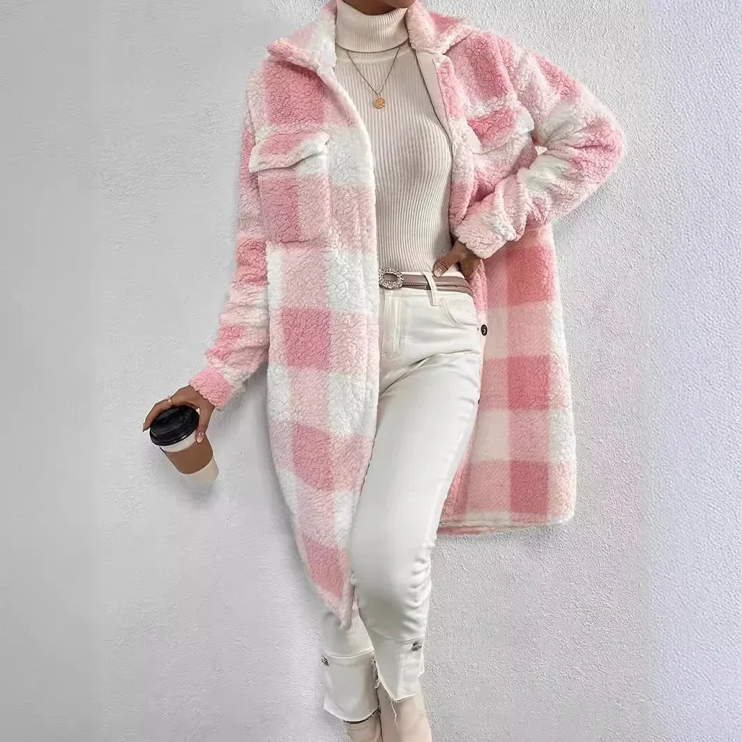 Women's open button lapel plush plaid midi jacket