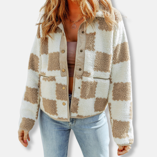 Isla Fleece Relaxed Fit Sherpa Jacket | Collared Check Sherpa Jacket