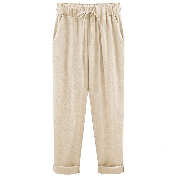 Women's Linen Pants - Loose Fit - Elastic Waist with Drawstring - Cropped Casual Wear