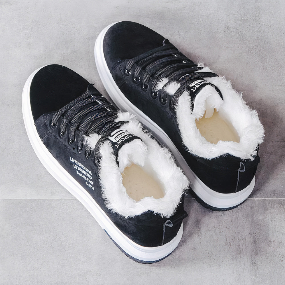 Women's Suede Sneakers - Lace-Up - Plush Fleece Lining - Thick Rubber Sole