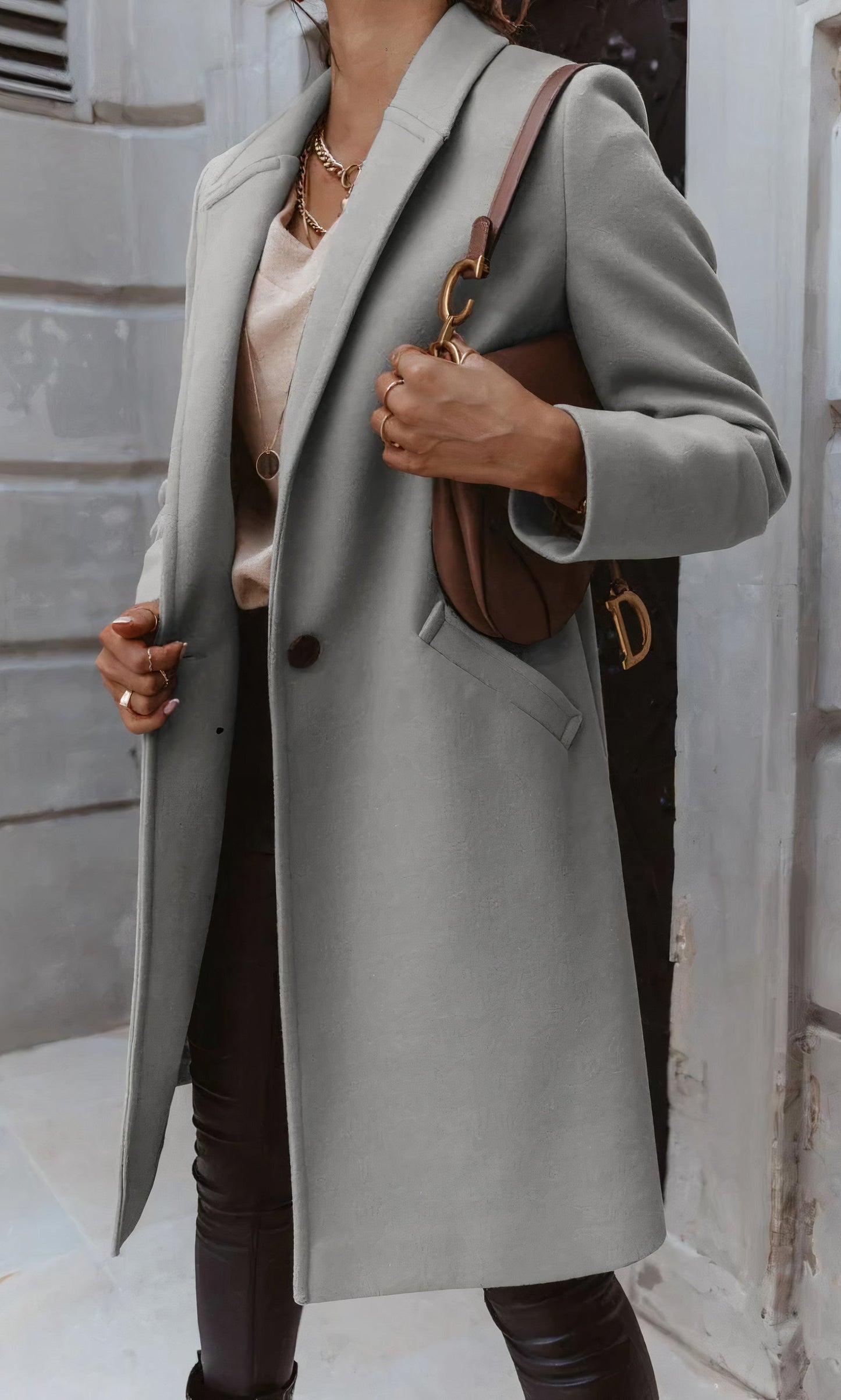 Women's autumn winter lapel midi button coat