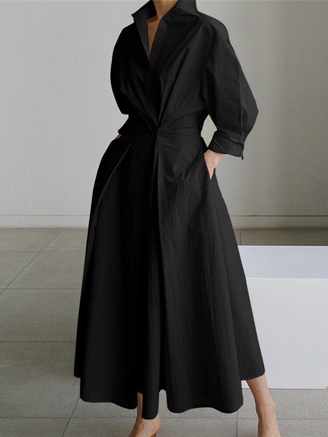 Women’s Midi Shirt Dress – Belted Waist – Collared Neck – Long Sleeve – Button Front