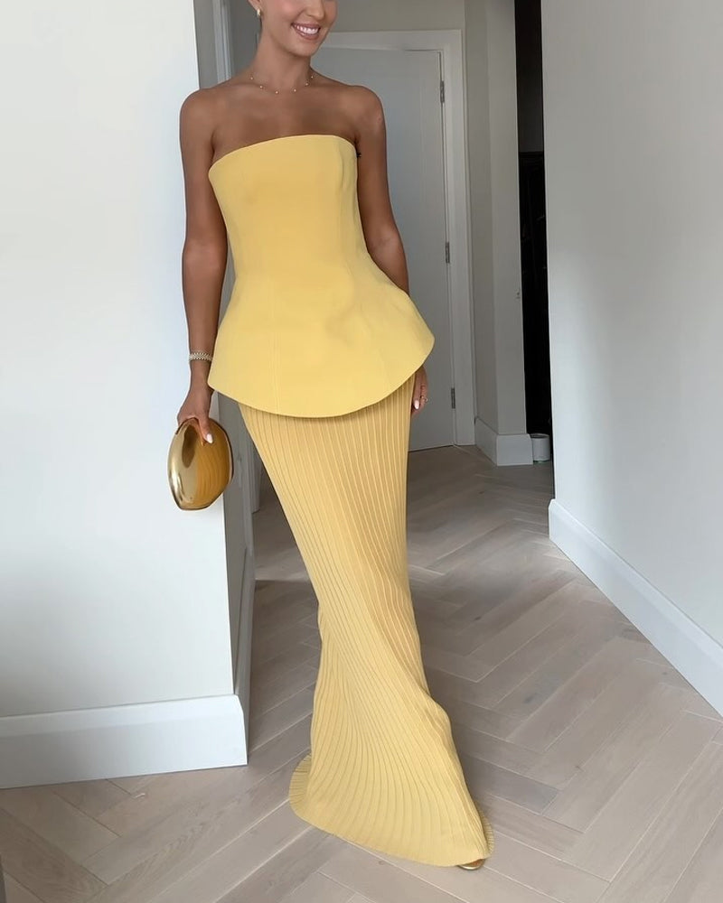 Women’s Maxi Dress – Strapless – Peplum Waist – Pleated Skirt – Tailored Fit