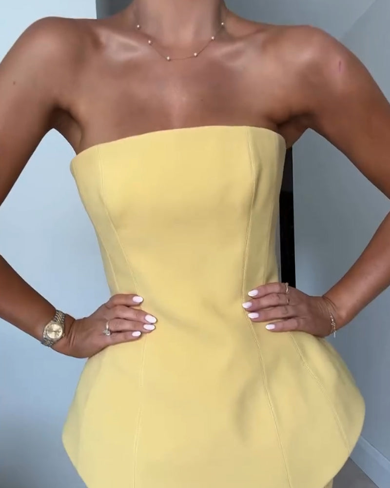 Women’s Maxi Dress – Strapless – Peplum Waist – Pleated Skirt – Tailored Fit