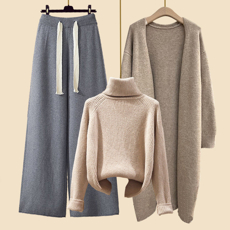 Women's long cardigan with knitted sweater and wide-leg pants set