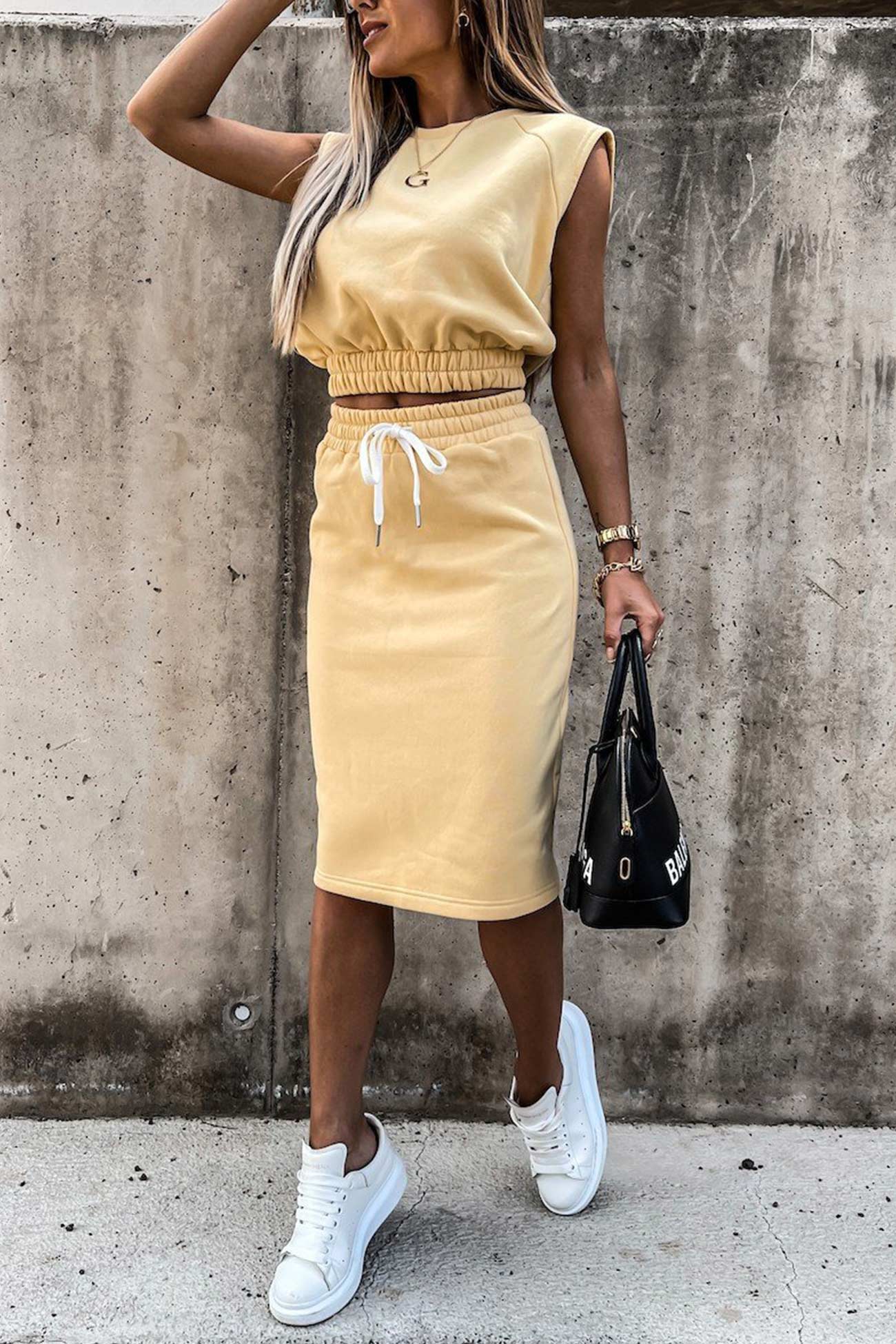 Women's elastic waist tank top slit skirt set