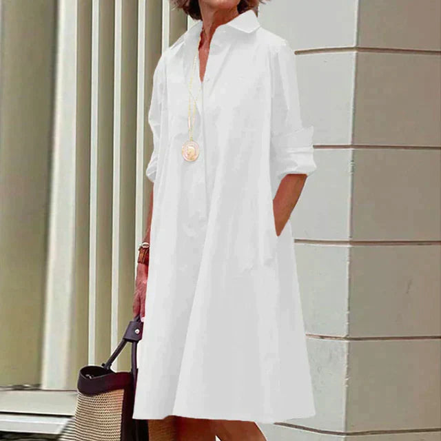 Women's Shirtdress - Button-Up Knee-Length - A-Line Loose Fit - 3/4 Sleeve with Pockets