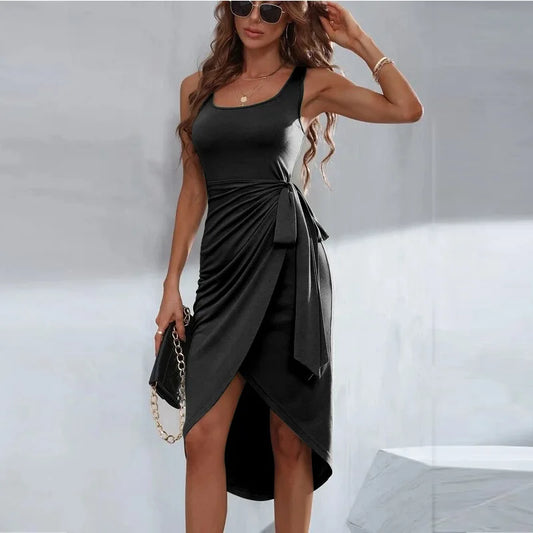 Asymmetrical Wrap Waist Tie Sleeveless Dress