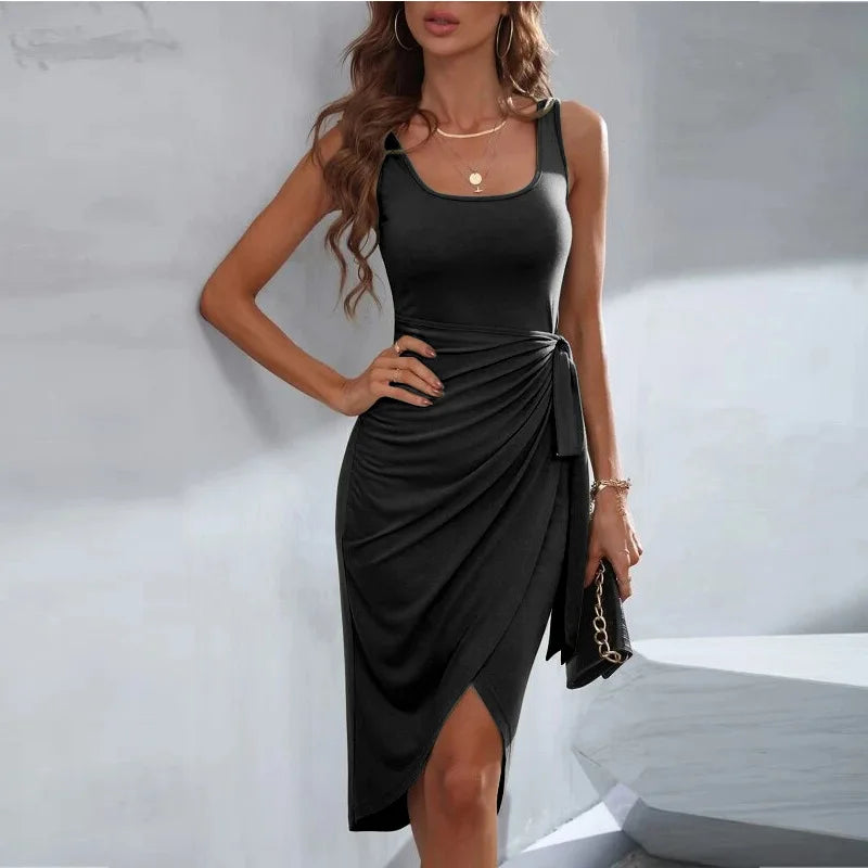 Asymmetrical Wrap Waist Tie Sleeveless Dress