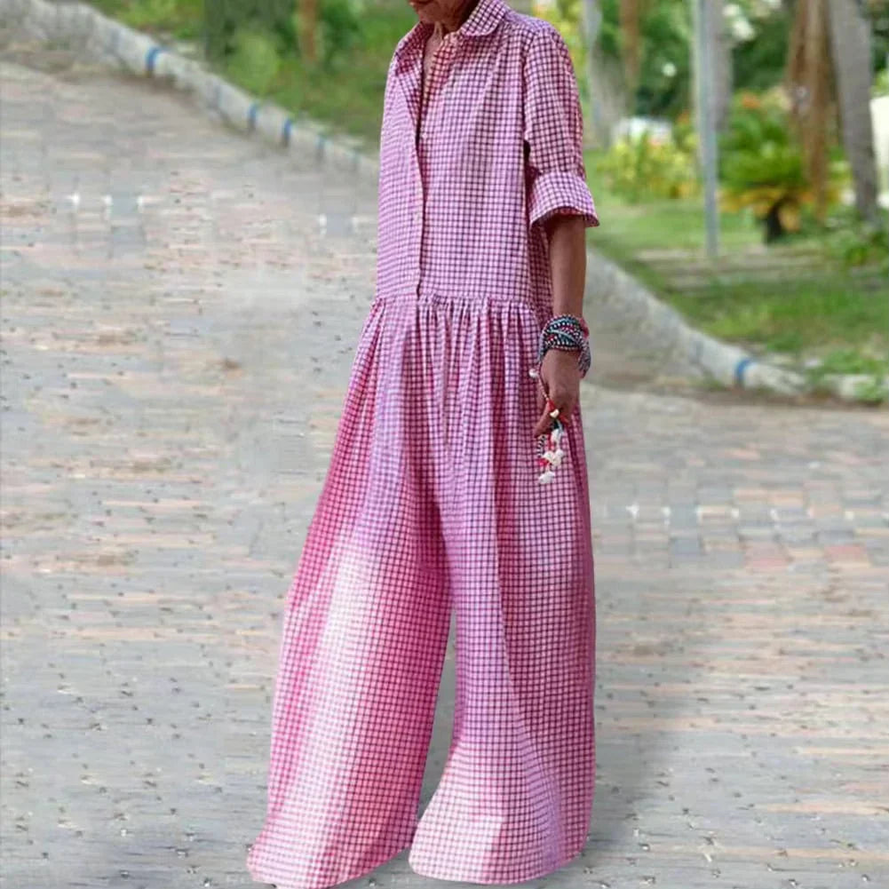 Women’s Jumpsuit – Relaxed Fit – Wide Leg – Mid Sleeve – Button-Down Cotton Blend