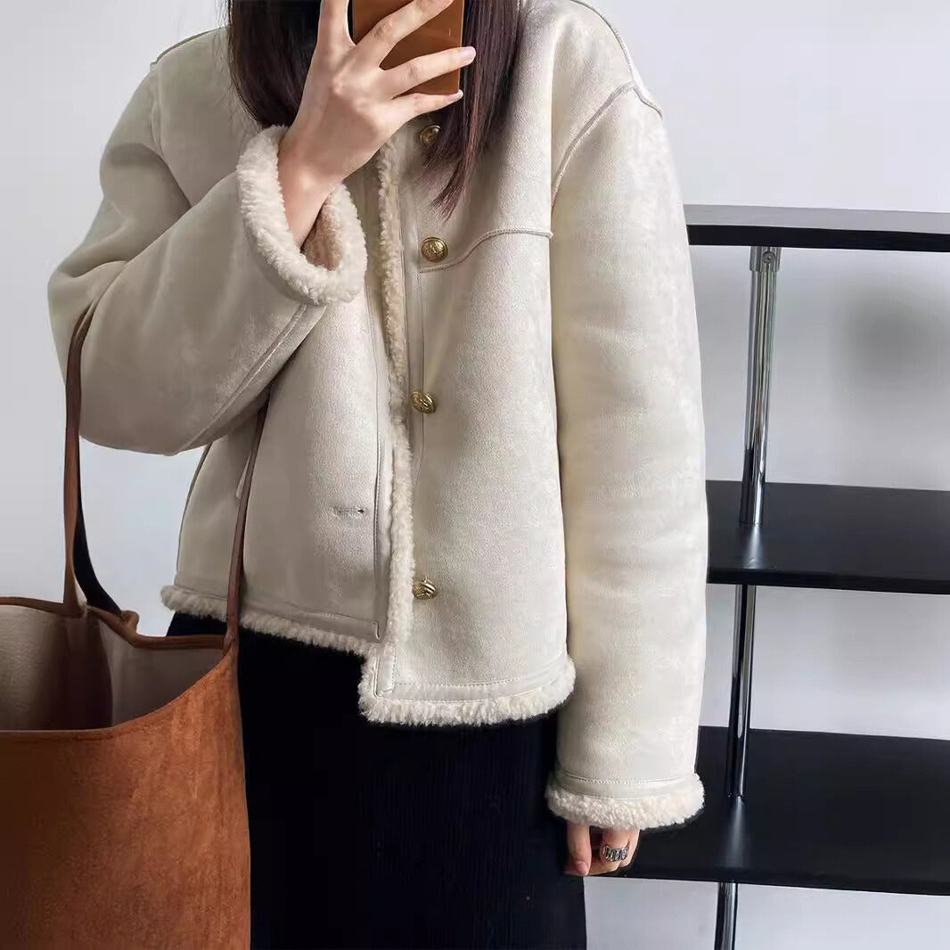 Women’s Sherpa Jacket – Suede-Like Exterior – Boxy Fit – Cozy Lining – Metal Buttons