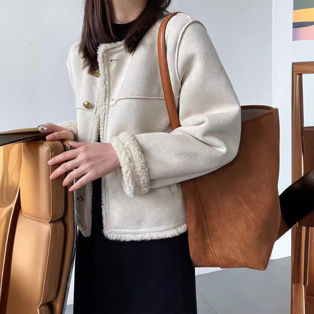 Women’s Sherpa Jacket – Suede-Like Exterior – Boxy Fit – Cozy Lining – Metal Buttons