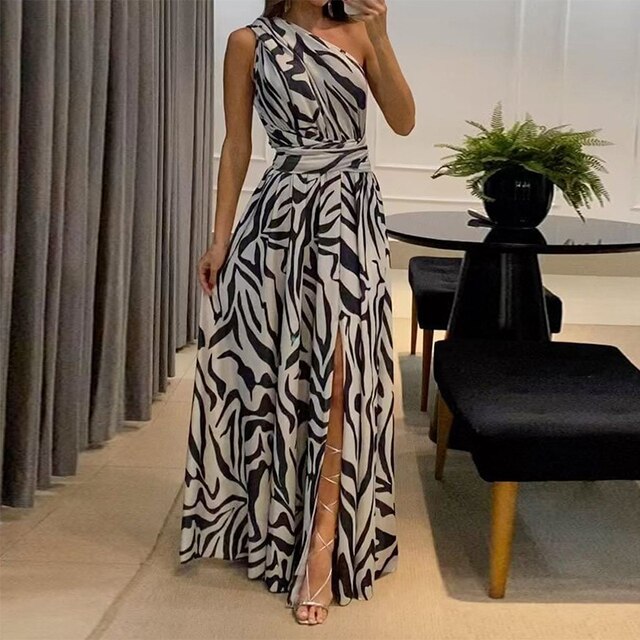 Stylish One-Shoulder Maxi Dress with Split Detail and Sleeveless Design