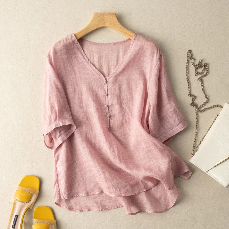 Loose Fit V-Neck 3/4 Sleeve Blouse