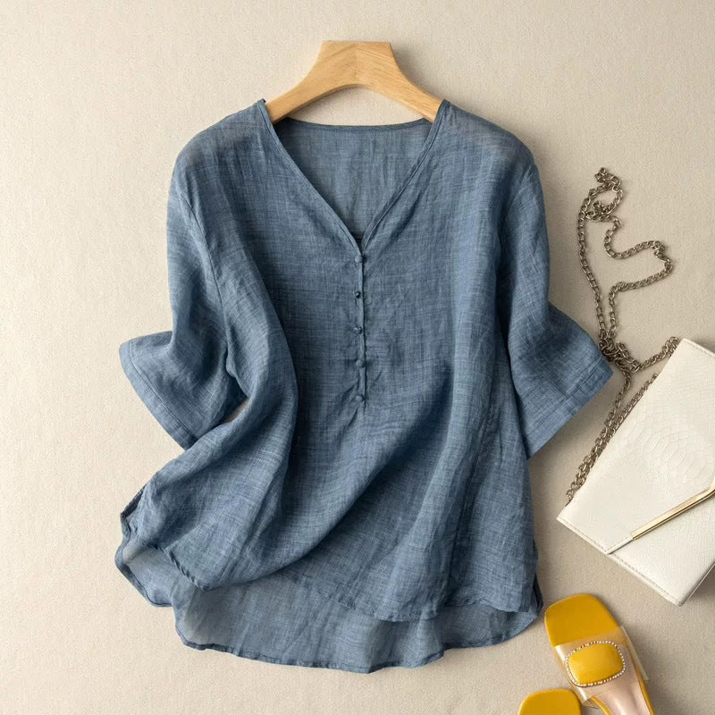 Loose Fit V-Neck 3/4 Sleeve Blouse