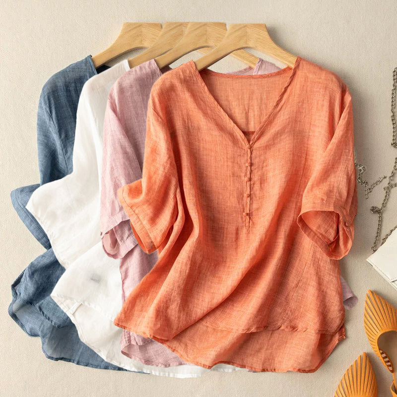 Loose Fit V-Neck 3/4 Sleeve Blouse