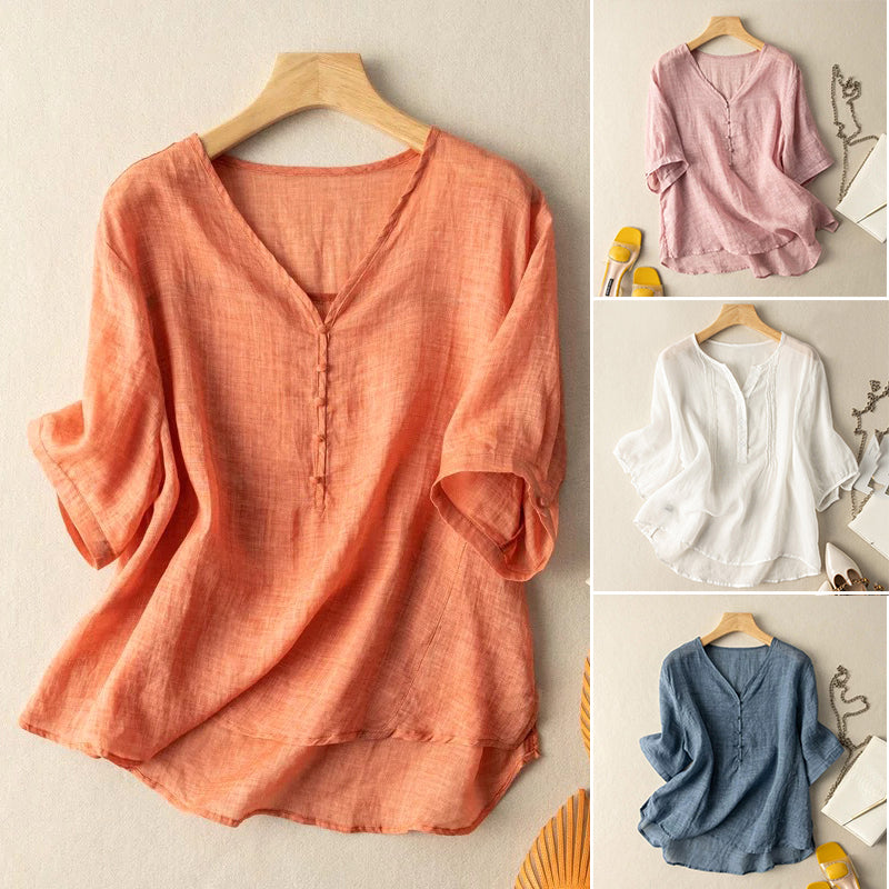 Women's Blouse - V-Neck Loose Fit - 3/4 Sleeve Button Front Casual Wear