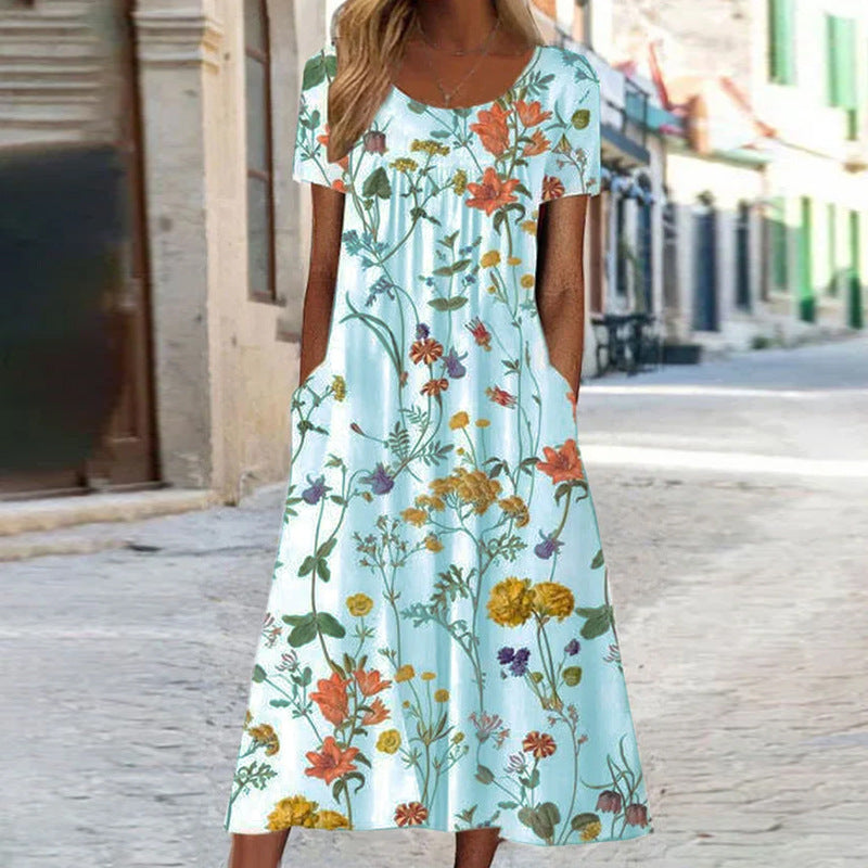 Women's Midi Dress - A-Line Floral Print - Short Sleeve - Round Neck Casual Wear