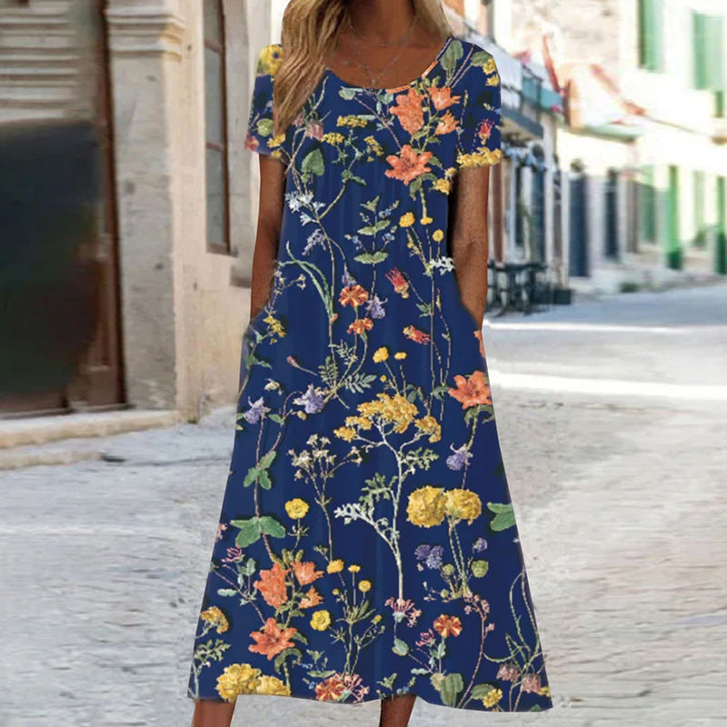 Women's Midi Dress - A-Line Floral Print - Short Sleeve - Round Neck Casual Wear