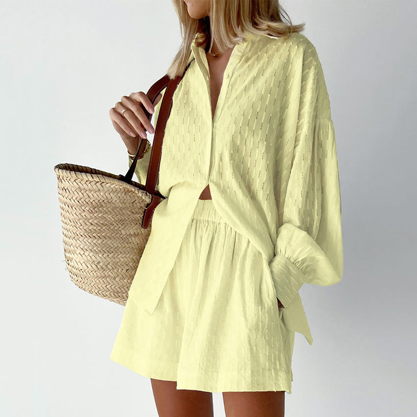 Veerna - jacquard drop shoulder sleeves button down long sleeve and short set