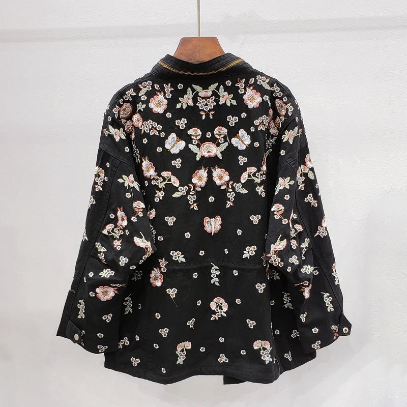 Women's spring autumn embroidered flowers drawstring windbreaker