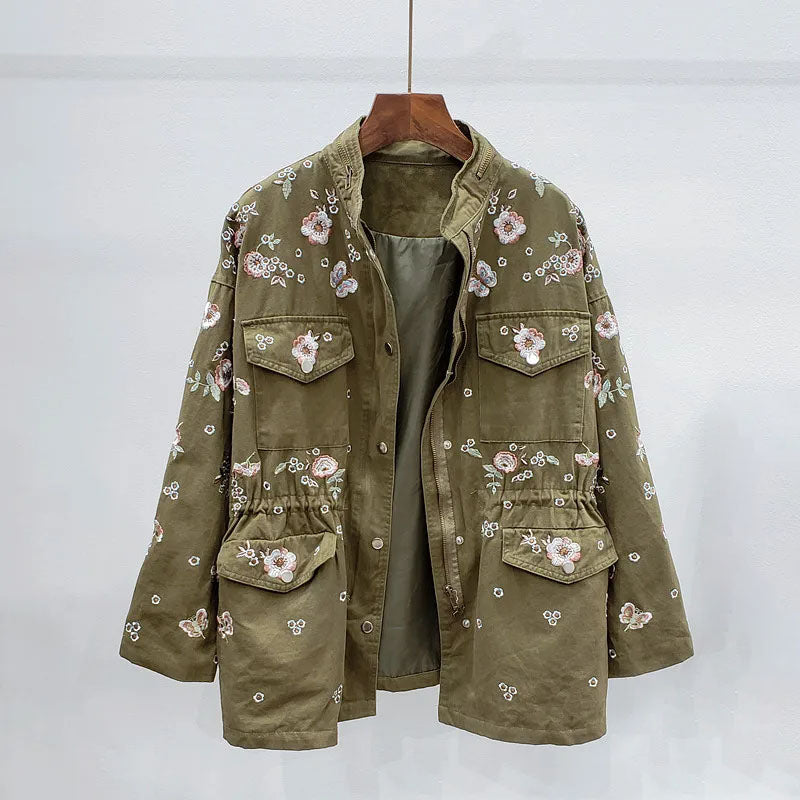 Women's spring autumn embroidered flowers drawstring windbreaker
