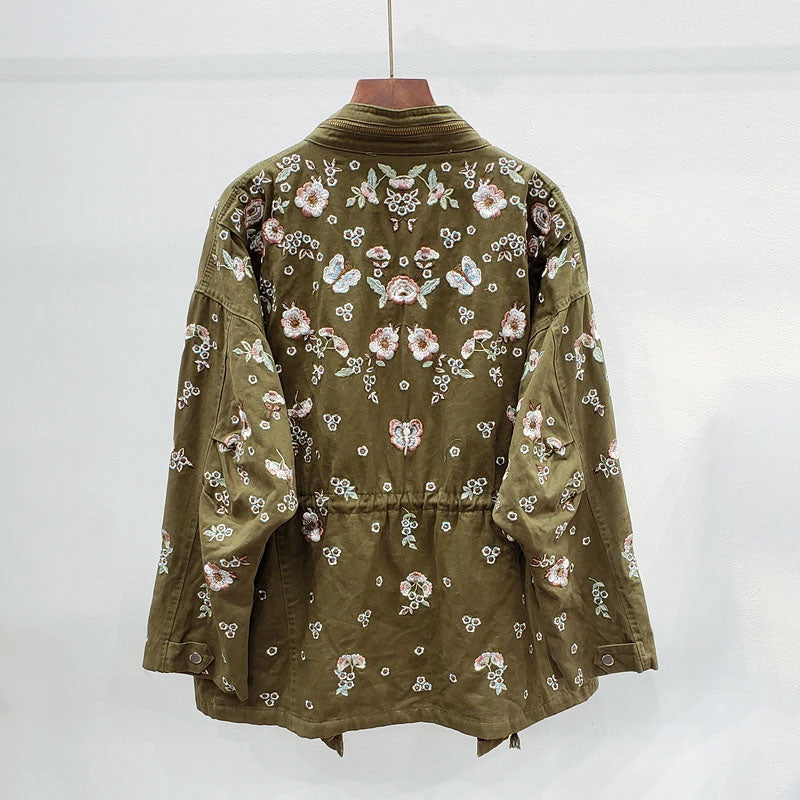 Women's spring autumn embroidered flowers drawstring windbreaker