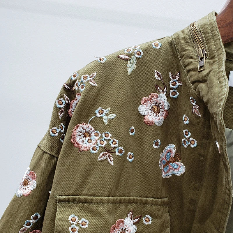 Women's spring autumn embroidered flowers drawstring windbreaker