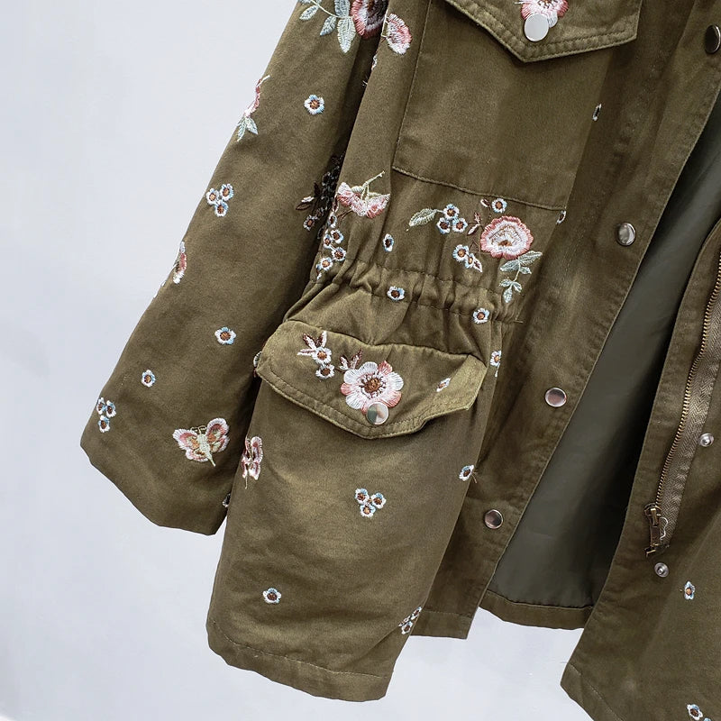 Women's spring autumn embroidered flowers drawstring windbreaker
