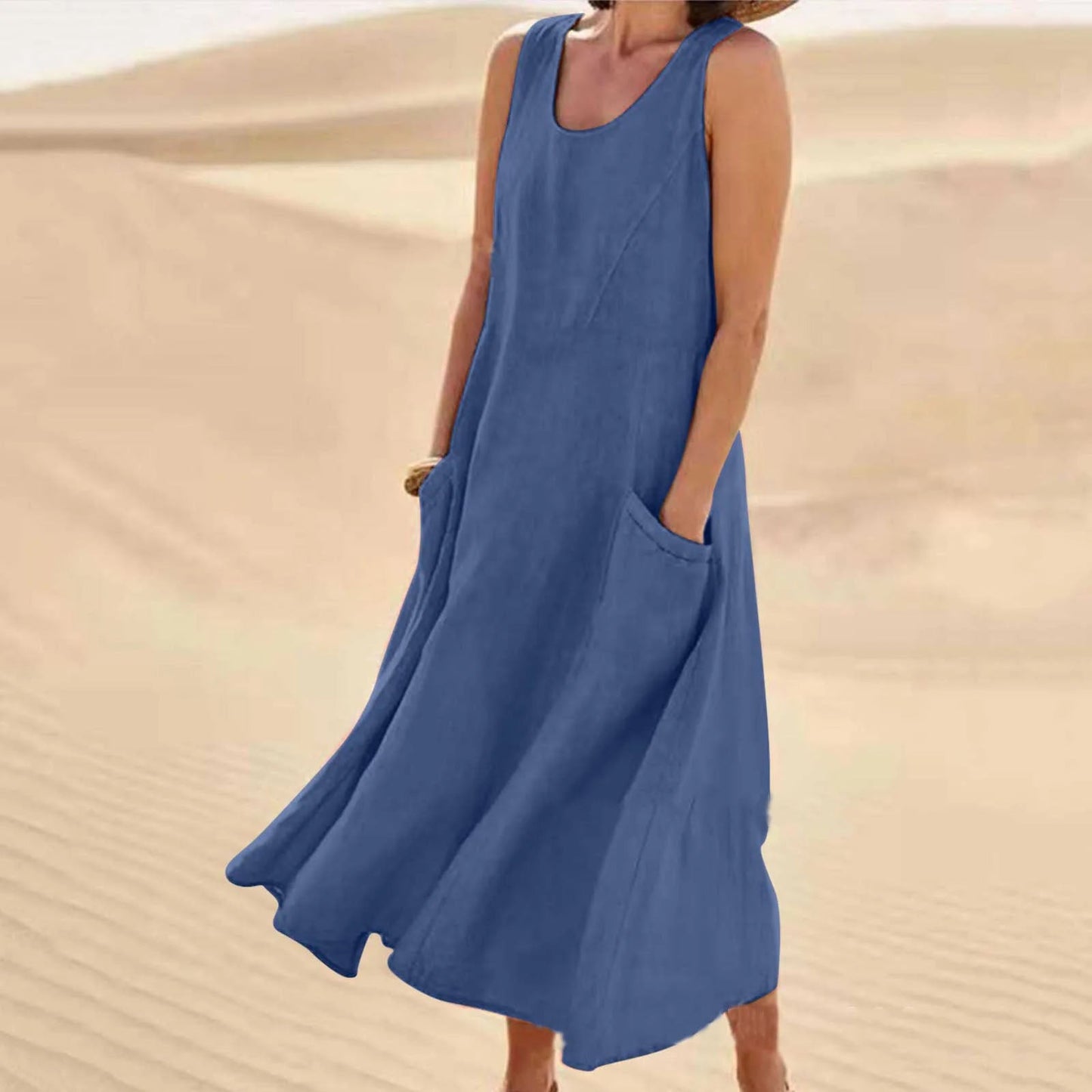 Women's Maxi Dress - Sleeveless A-Line - Scoop Neck - Flowing Casual Fit with Pockets