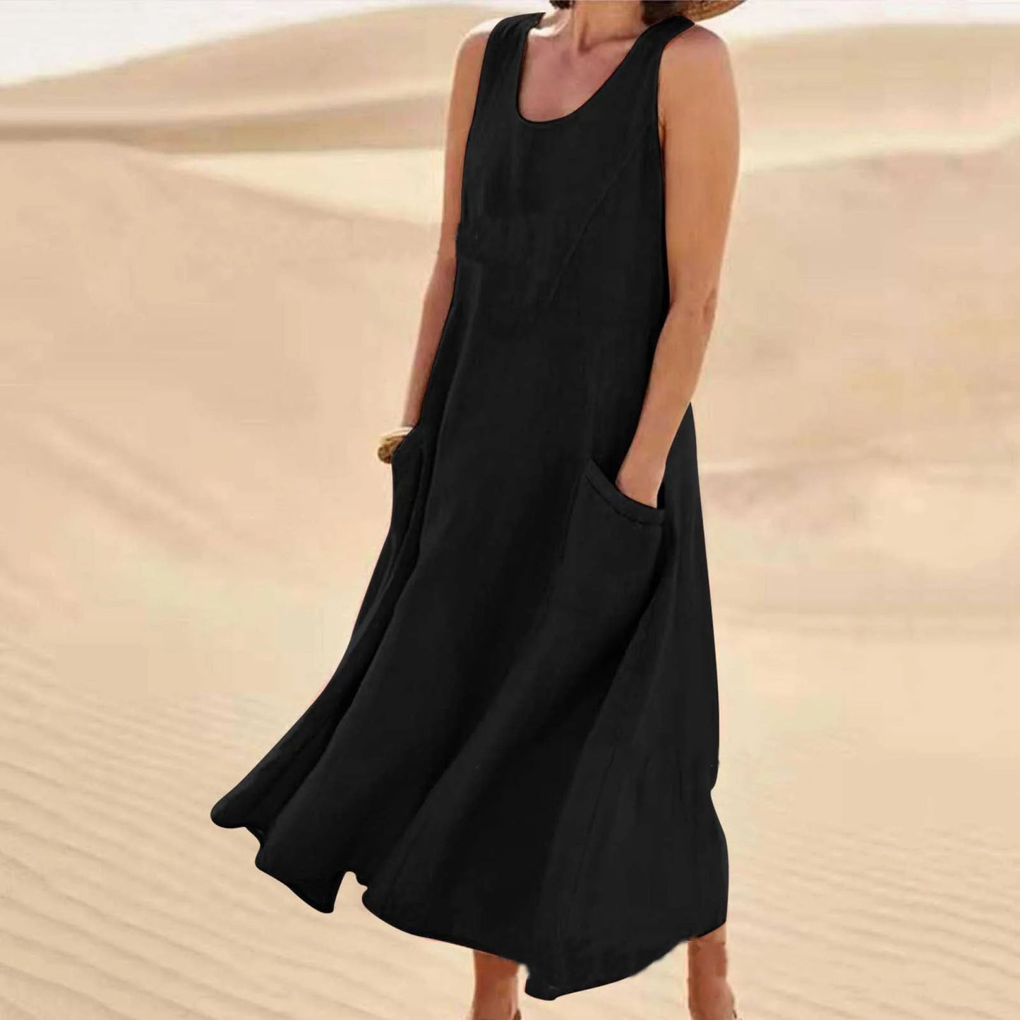 Women's Maxi Dress - Sleeveless A-Line - Scoop Neck - Flowing Casual Fit with Pockets